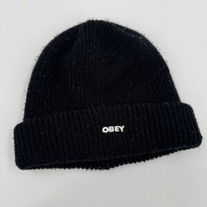 OBEY Knit Beanie Hat Black Ribbed Cuff Logo Winter Warm